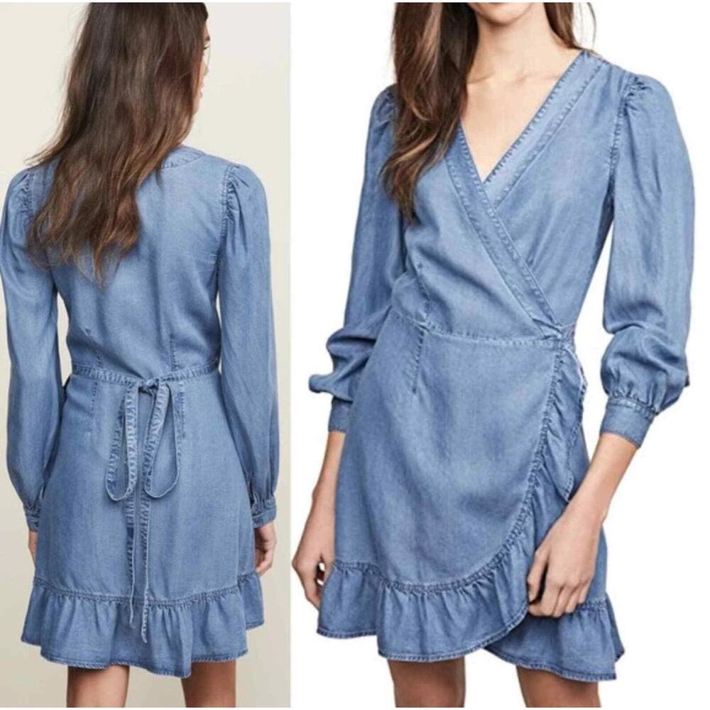 PAIGE NWOT Kendry Dress Juno Denim Chambray Size Small Long Sleeve Wrap Ruffles - Picture 1 of 11